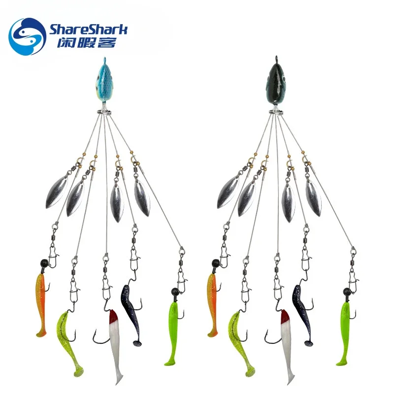Leurre Alabama 5 bras avec 4 leurres souples - Ensemble complet pour pêche du bar et carnassiers