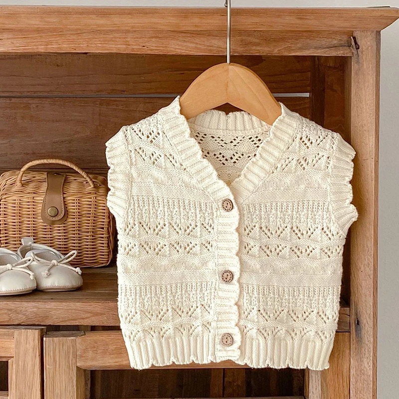 Korean Style V-neck Sleeveless Solid Color Hollow Out Knitting Vest Autumn Spring Infant Baby Girl Knitting Cardigan Vest Coat