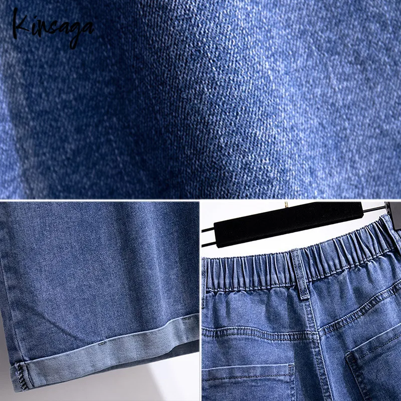 Plus Size Elastic Waist Wide Leg Capris Jean Women 7xl Street Slouchy Revers Folds Knee Length fifth Demin Simple Cuffed Pants