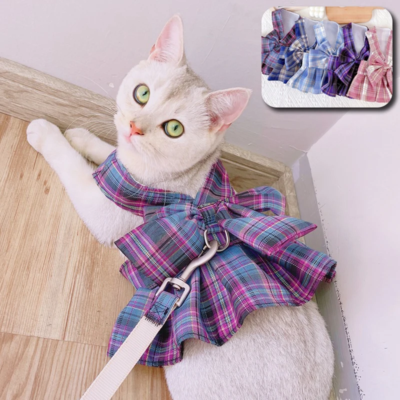 

Cute Cat Harness and Leash Set Pet Plaid Skirt Clothes for Small Dogs Cats Outdoor Harness Leash for Cats Vest Pet Accessories