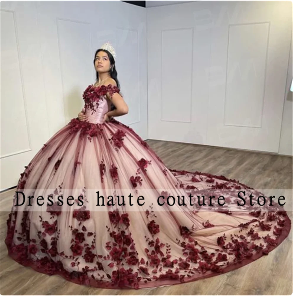 

3D Floral Appliqued Quinceanera Dress 2023 Burgundy Off The Shoulder Sweet 16 Dress Party Dress Vestidos De 15 Quinceañera