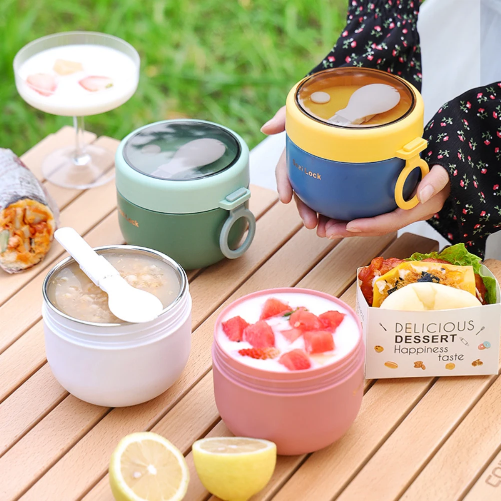 Pink Stainless steel insulated soup cup with spoon water cup sealed  breakfast cup portable milk cup handy cup insulated bucket