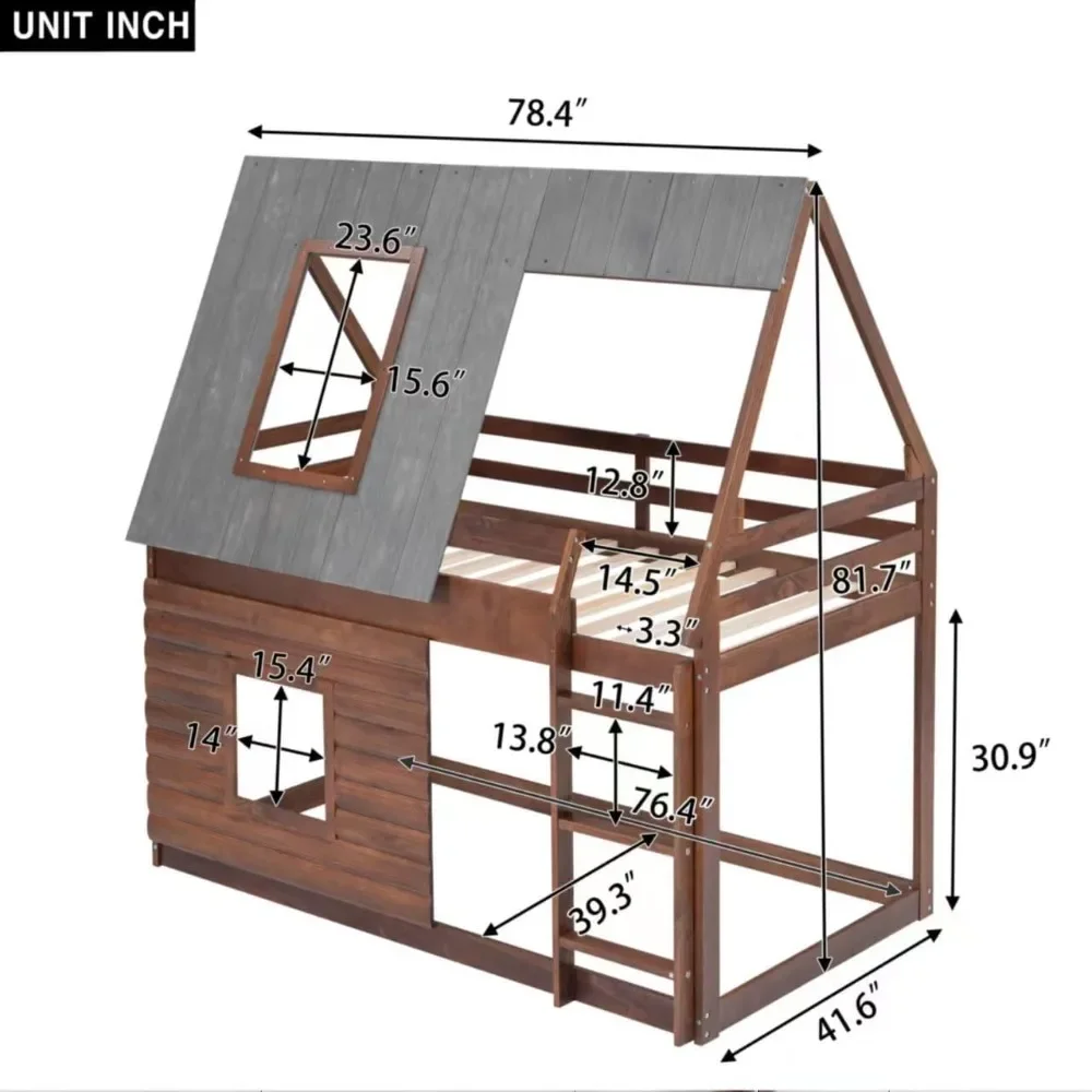 Twin Over Twin House Bunk Bed with Roof and Built-in Ladder Low Bunk Beds for Kids Teens  Toddler  Bunk Beds for Kids 2