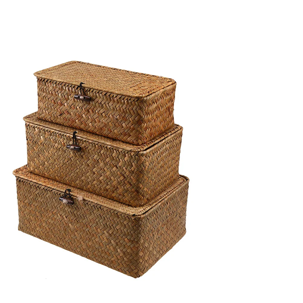 

Seaweed Woven Basket Lids Seagrass Storage Bin Rectangular Organizer Basket Multi-Purpose Storage Container Holder Desktop