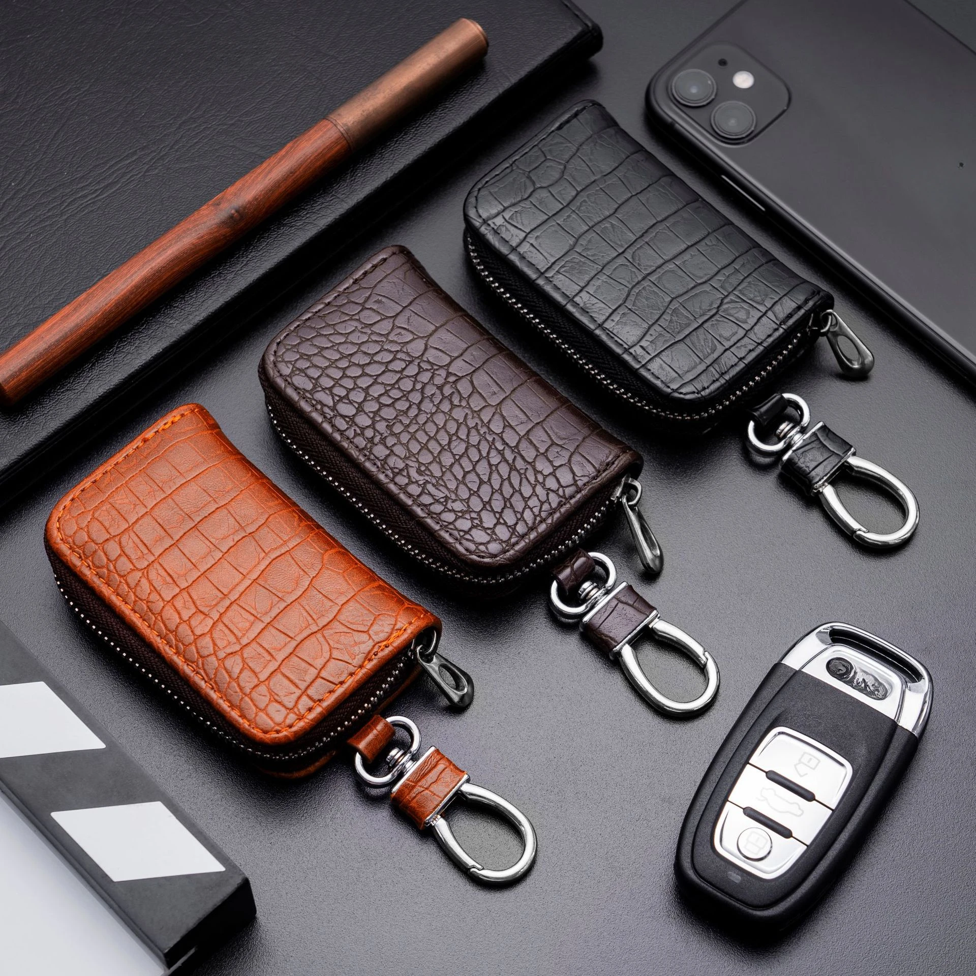 Business Universal Car Key Bag, Crocodile Pattern Zipper Car Keychain  Protective Case, Key Change Small Bag,Holiday Friend Gift