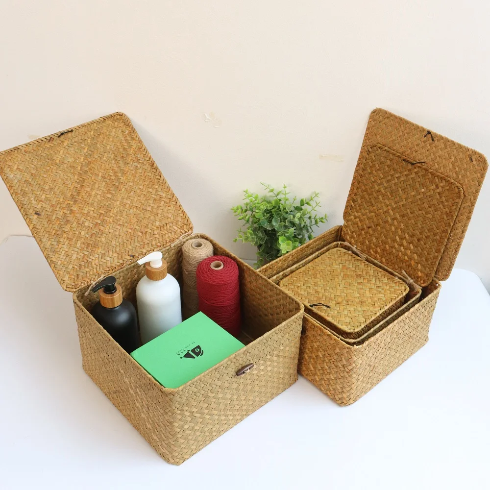 Handmade 4Pcs Set storage basket with lid rectangular seaweed rattan fabric cosmetics multi-purpose container natural box 3