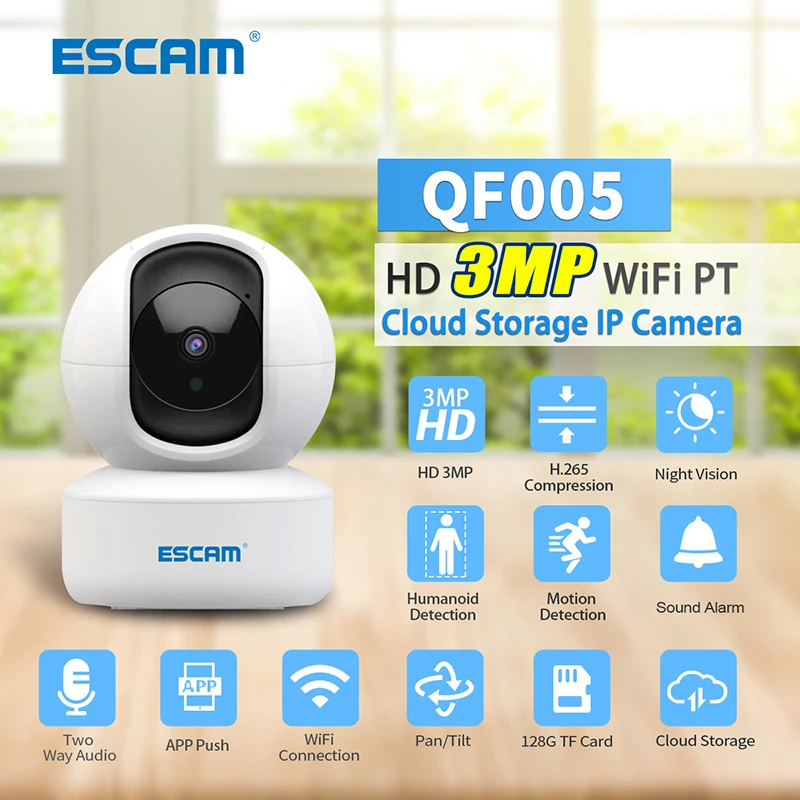 

ESCAM QF005 Wifi IP Camera HD 3MP 1296P Wireless AI Humanoid Motion Detection Home Security CCTV Baby Monitor Night Vision Cam