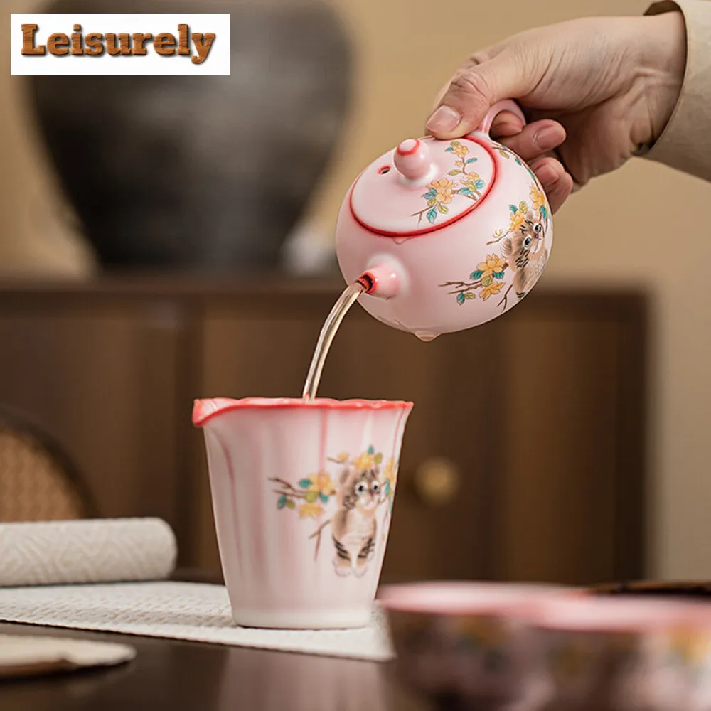 200ml Handamde Lard Jelly Frozen Pink Teapot Yellow Flower Cat Xishi Pot Chinese Tea Brewing Kettle with Ball Hole Filter Teaset