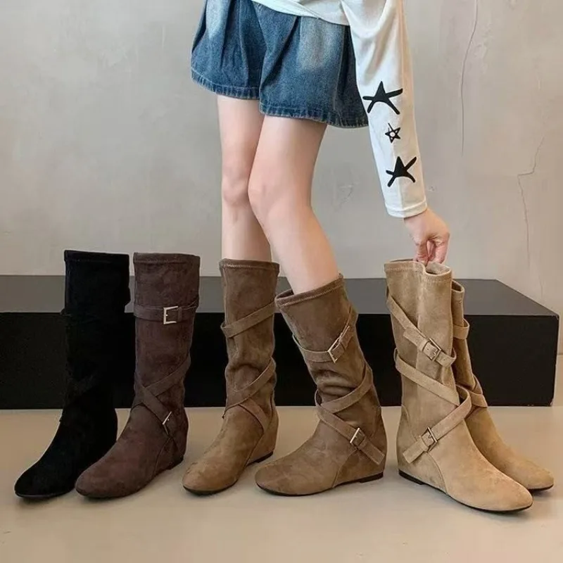 Women's Western Knee High Boots Suede Cross Strap Buckle Decor Wedge Heel Stacked Boots Retro Ladies Fall Winter Knight Boots