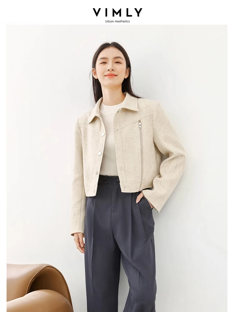 Vimly Light Yellow Fashion Cropped Tweed Jacket 2024 Spring Lapel Straight Single Breasted Long Sleeve Coat for Women M5150 elmsk summer thin casual shorts men s cotton loose fitting straight leg pants cropped pants pure cotton light business croppe