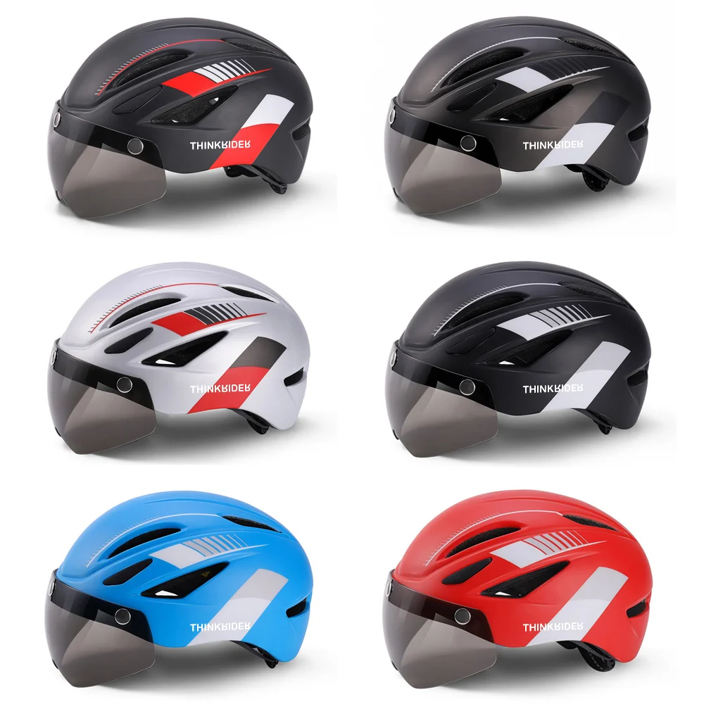 FUNWICT Casco da bicicletta con visiera per uomo e donna, leggero, con occhiali magnetici e ricarica USB, luce LED, elegante casco da mountain bike (M: 54-58 cm, nero rosa