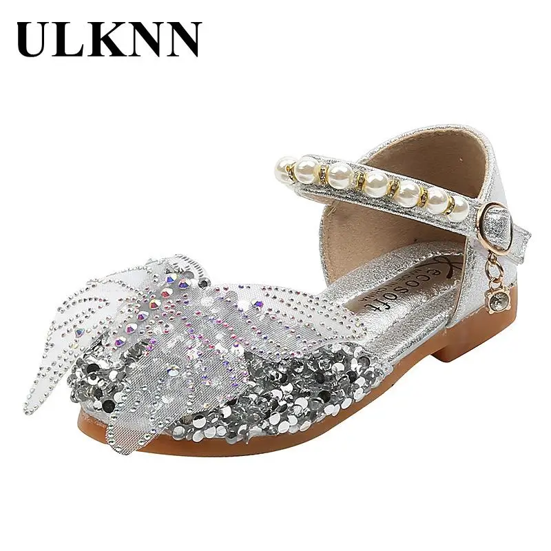 ULKNN Toddlers Baby Girls Shoes Kids Leather Shoes For Wedding Party Performance Lace Butterfly Rhinestone Bling Pearls Beading