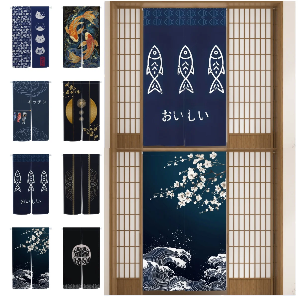 ผ้าม่านประตูสไตล์ญี่ปุ่น นอร์เอน สีน้ำเงินกรมท่า พิมพ์ลาย สำหรับร้านอาหารอิซากายะ ฉากกั้นห้องรับประทานอาหาร ผ้าม่านประตูผ้าลินิน ผ้าม่านครึ่งบานสำหรับห้องครัว 1