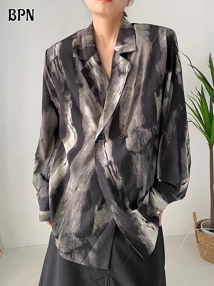 

BPN Streetwear Hit Color Blazer For Women Notched Collar Long Sleeve Single Breasted Patchwork Pockets Loose Coats Female Style