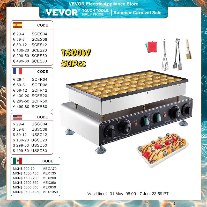 Vevor Elektrische Wafelijzer 50Pcs Mini Nederlandse Pannenkoekenmaker Dorayaki Machine Waffreras Keukenapparaat Snackgaufriers