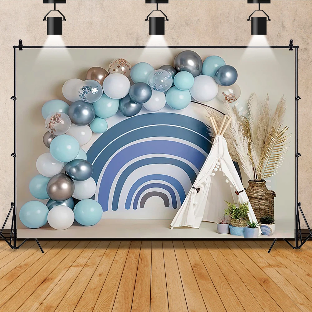 

Laeacco Newborn Baby 1st Birthday Backdrops for Photo Cake Smash Boy Blue Balloon Tent Interior Photography Background Props