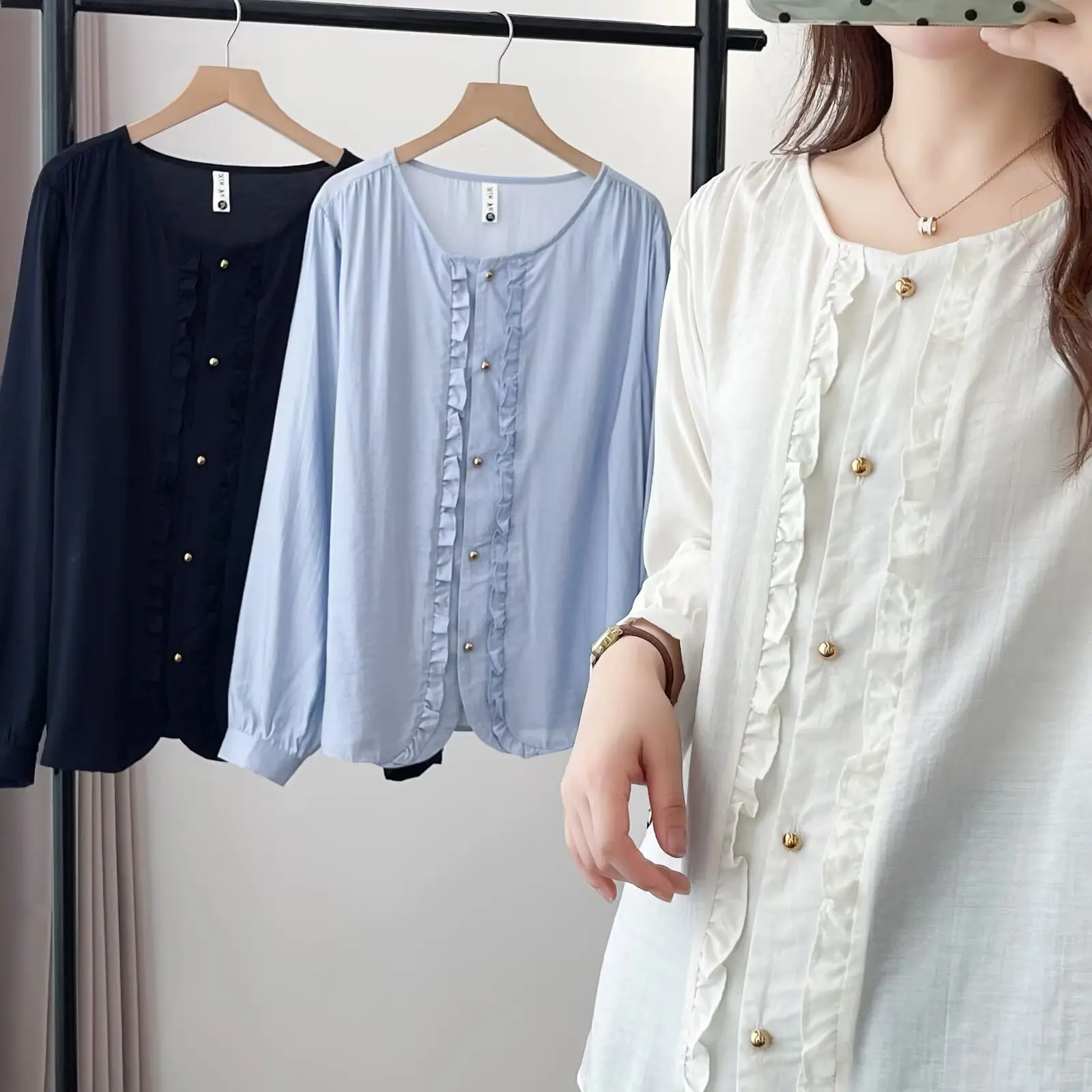 XXXXL Fashion Plus Size Women's Blouses Autumn Style Ruffled Long Sleeved Shirt 815