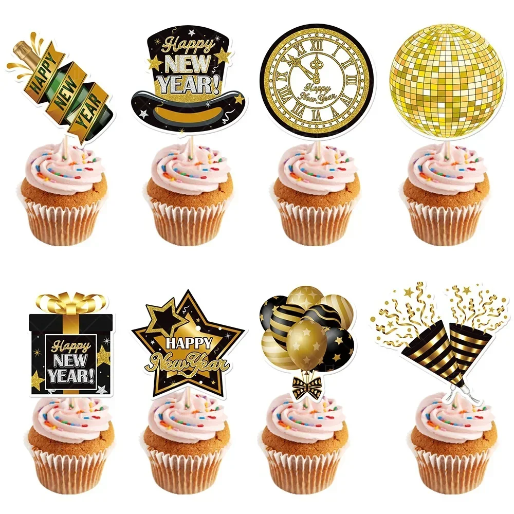 

New Year Cake Decor Black Gold Insert Sign Champagne Cheer 2024 Cupcake Topper Happy New Year Party Decor Cake Decoration Card