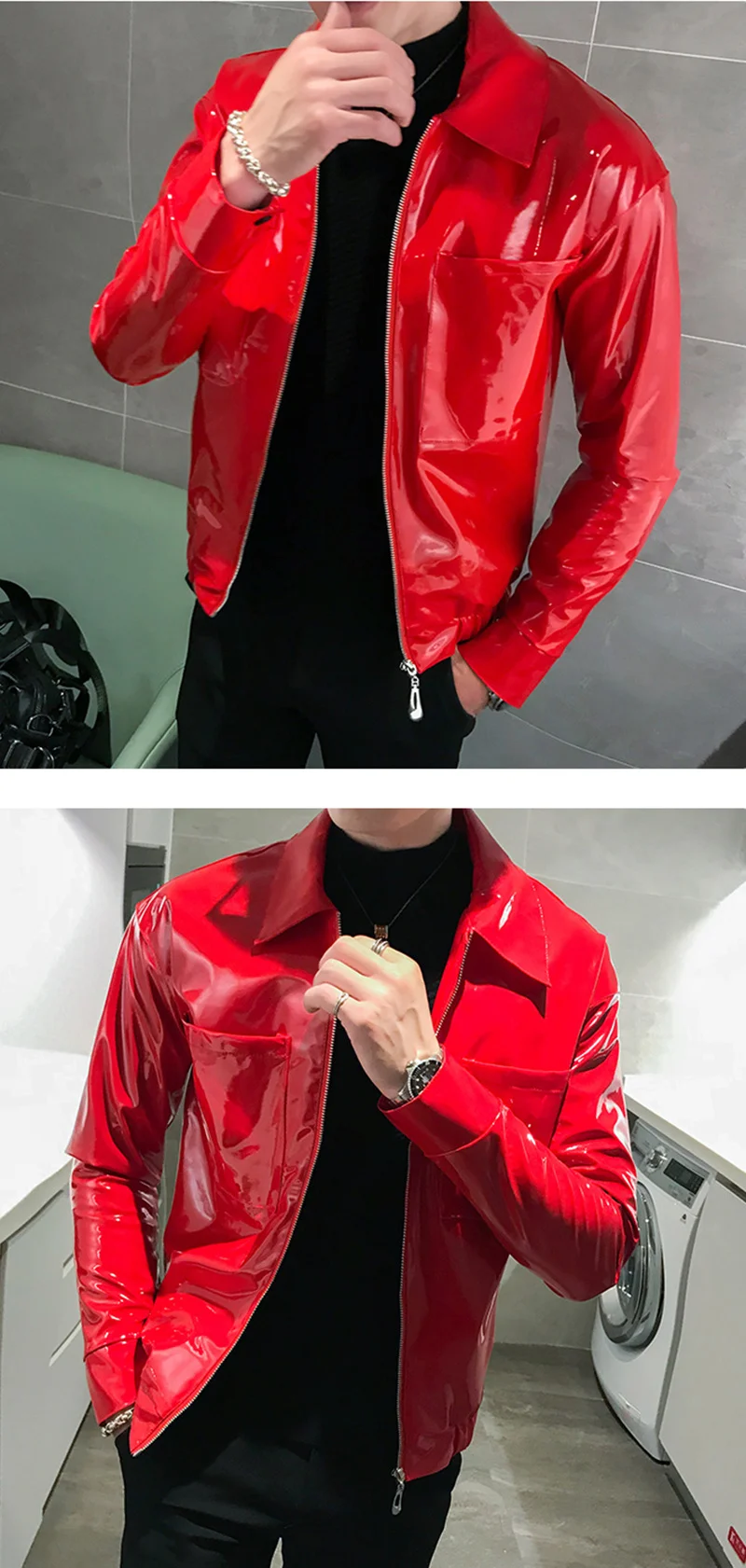 vintage leather bomber jacket PFNW Shiny Leather Jackets Men's Costume Red Black Brown Nightclub Club Men's Leather Jacket Solid Color Slim Men's Jacket Coats western leather jacket