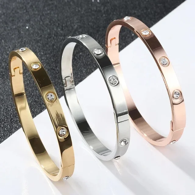 Gold Plating Lover Bracelets&Bangles for Women Rose Gold Color Stainless Steel Charming CZ Cuff Bracelet Luxury Jewellery Gifts 2
