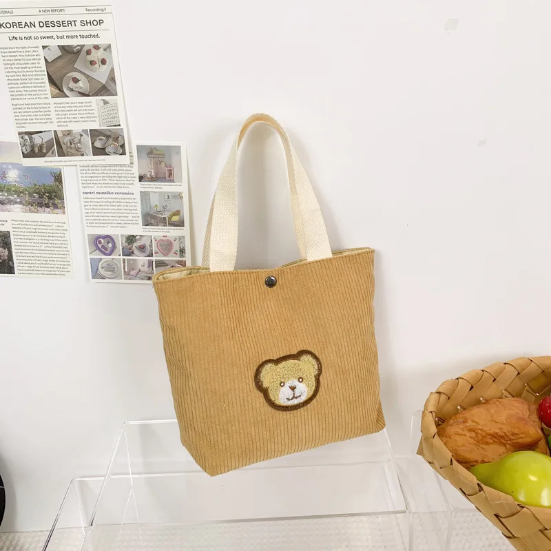 Women Small Corduroy Lunch Bag Eco Canvas Portable Bear Pattern Tote Bags Mini Students Bento Picnic Food Bag Travel Handbags