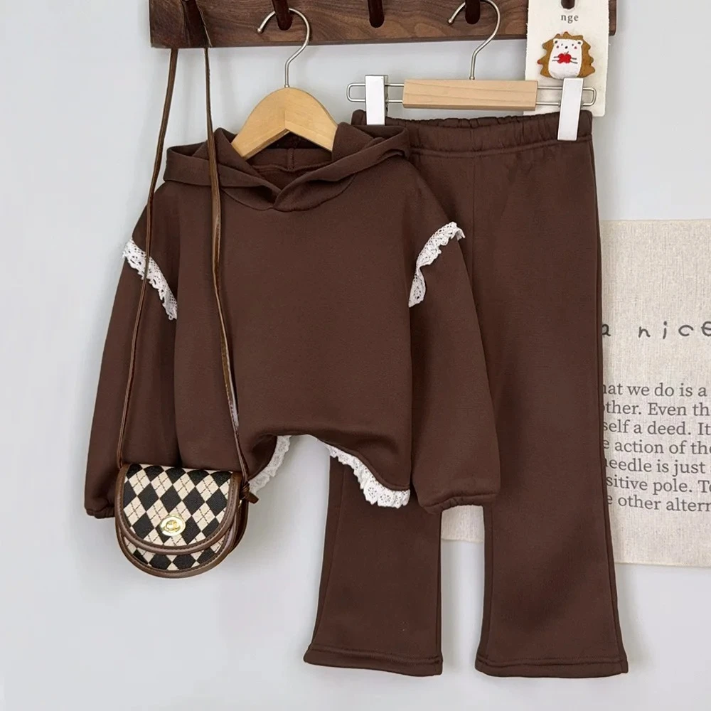 Khaki Autumn Sport & Leisure Girls' Lace Long Sleeve Hoodie + Pants Set