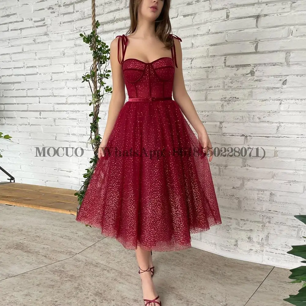 

Burgundy Glitter Tulle Prom Dresses Sweetheart Straps Tea-Length A-Line Wedding Party Gowns Midi Elegant Formal Evening Gowns