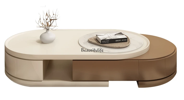 Mesa de chá retrátil oval com placa de pedra, estilo creme, simples, moderno, sala de estar, casa