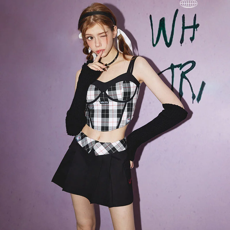

Kawaii Sanrio Hello Kitty Plaid Camisole Skirt Suit Anime Cute Retro Sexy Two Piece Set Top Women Summer Temperament Grid Sets