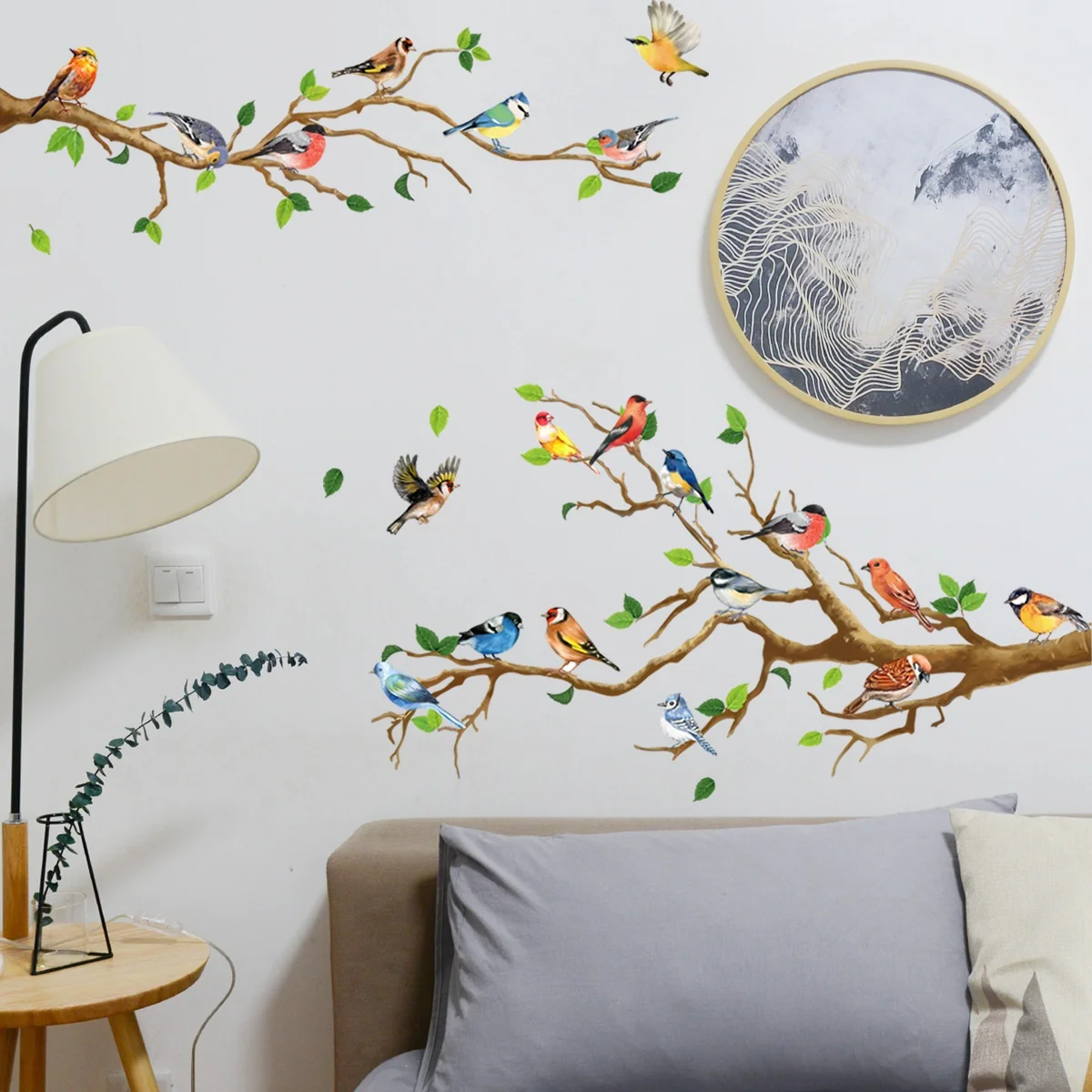 

Chinese Style Vintage Bird Sticker Living Room Sofa Wall Decor Stickers Mural Art 3D Tree Branch Green Leaves Stikers