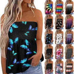 Strapless Bandeau Tank Women Elastic Tank Top Casual Sleeveless Striped Gradient Tube Tops Loose Off Shoulder Summer Blouse