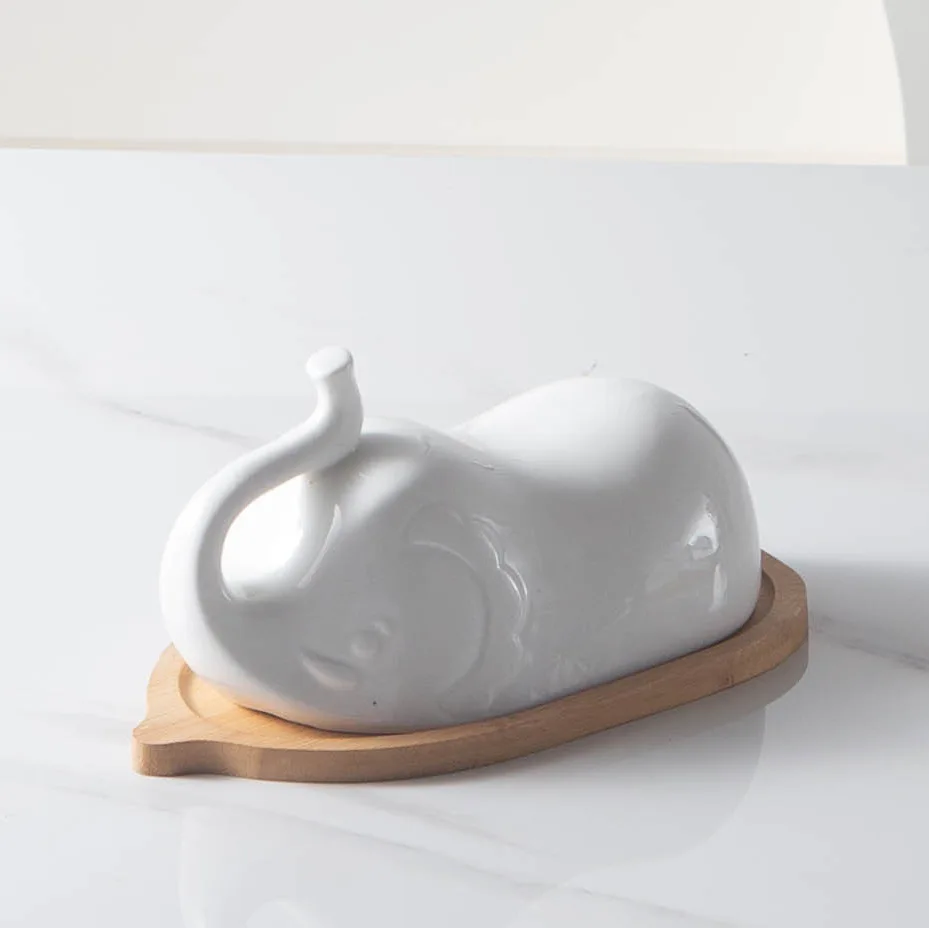 White Elephant Ceramic Butter Dish with Lid Brief Porcelain Butter Keeper Holder for Countertop And Refrigerator Door Shelf