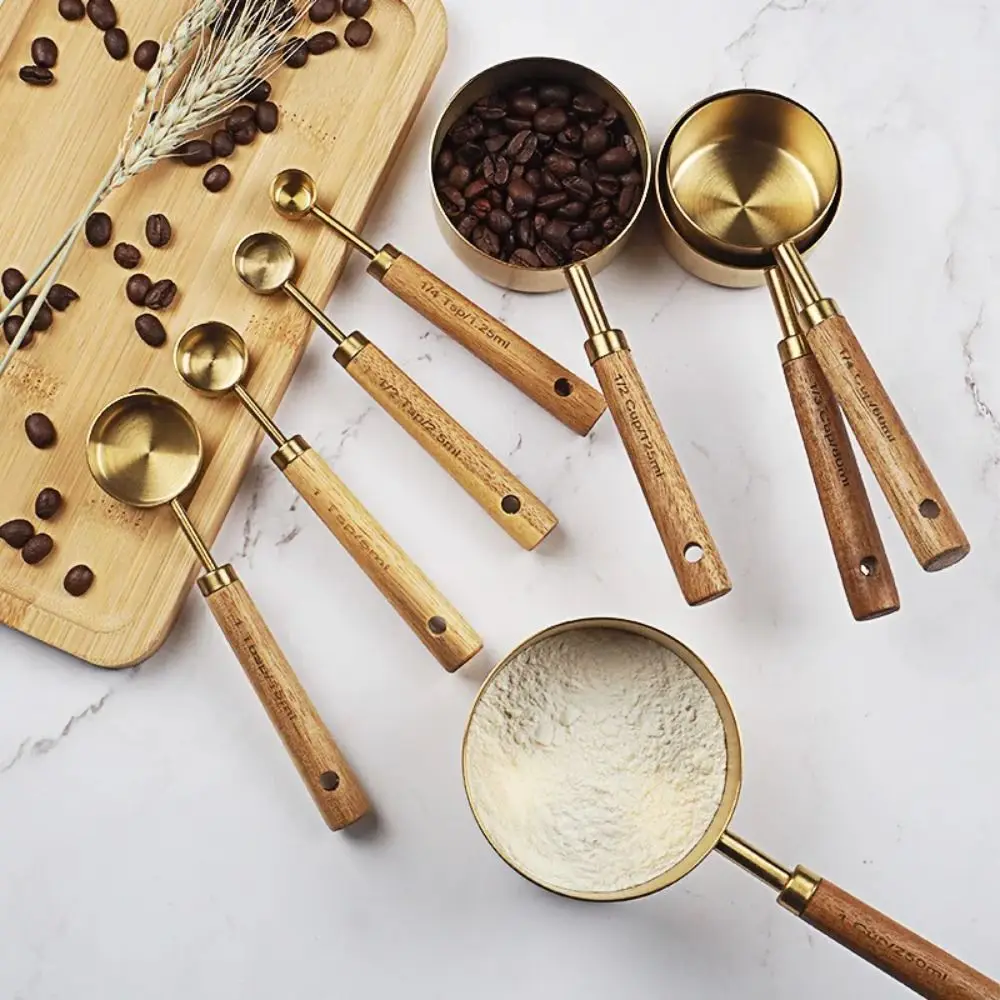 Kitchen Measuring Spoons and Cups Set Wooden Handle Stainless Steel Baking Tools Coffee Measuring Spoon Bartending Scale Accessories