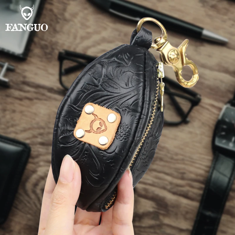 Small Mini Rugby Coin Purse Handmade Genuine Leather Coin Wallet Hard Leather Money Pocket With Hook Storage Bag