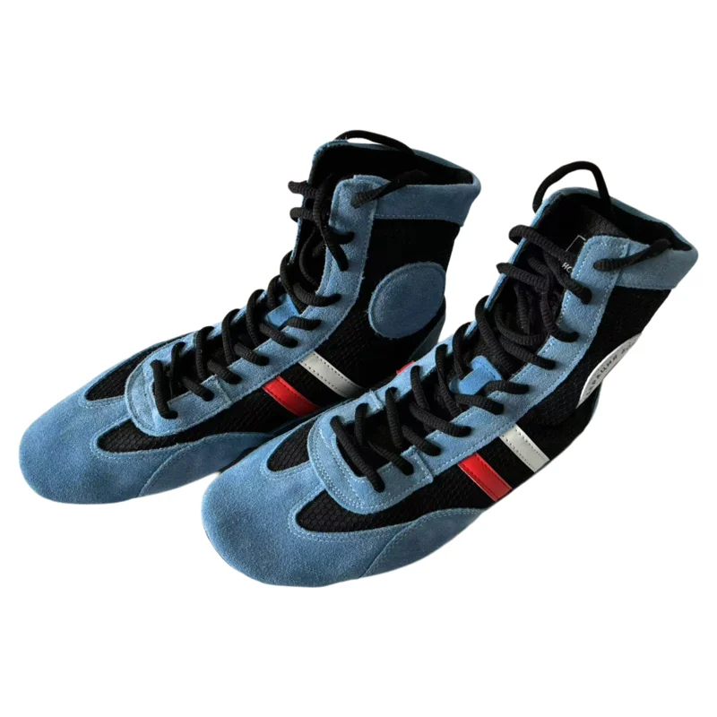 Sambo Wrestling Shoes Blue and Red Professional Fighting Leather Sneakers Training Soft Bottom САМооборона Без Оружия Shoe
