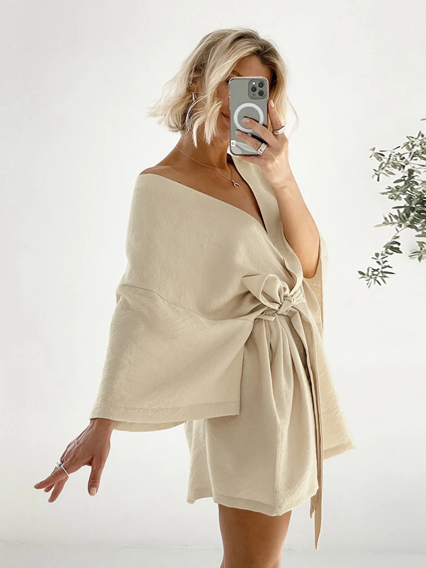 Marthaqiqi Fashion Ladies Robe Sexy V-Neck Bathrobe Long Sleeve Pajamas Lace Up Sleepwear Mini Dress Casual Home Clothes Women