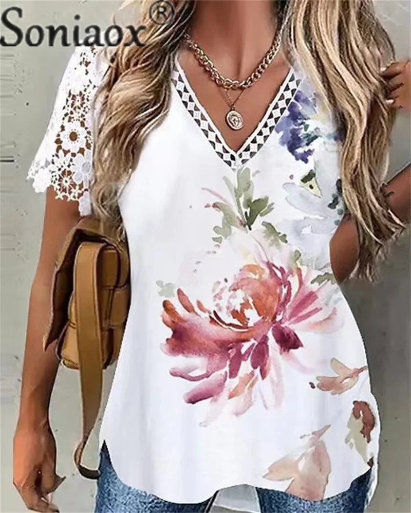 

Elegant Lace Short Sleeve V Neck Tees Women Daily Casual Versatile Basic T-Shirt Female Summer Plant Flower Print Pullover Tops