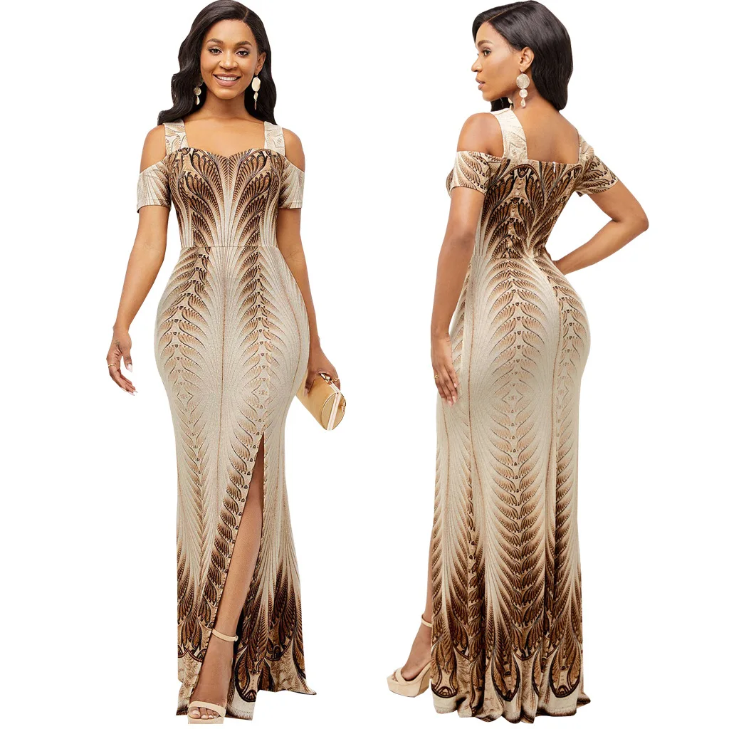 

Fashion digital printing one-word collar tube top dress