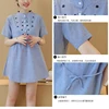 Maternity Woman Summer Long Loose Stripe Shirts Fashion Stripe Embroidery O-Neck Cotton And Linen Blouse Pregnant Woman Clothes 3