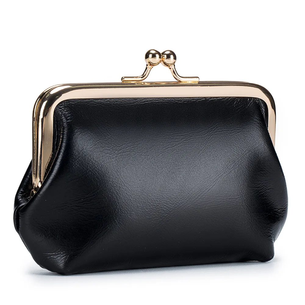 Genuine Leather Wallet Women's Multi-card Slot Card Holder Women Oil Wax Leather Brand Metal Frame Mini Coin Purse with Key Ring