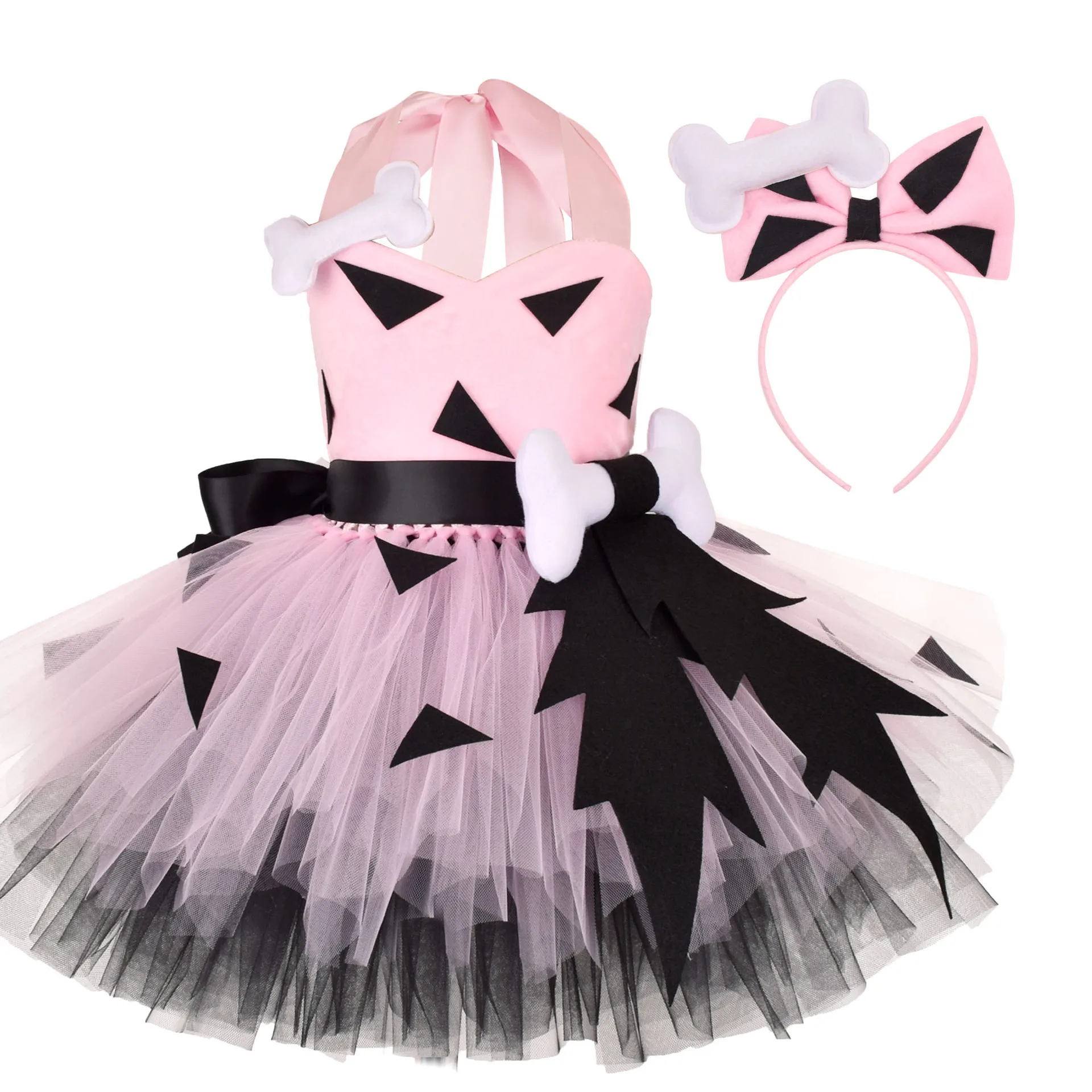 Cosplay Costume Kids Girls Dress Halloween Dress Outfit Baby Halloween Flinstones Pebbles With Hairpin Stage Performance 12Y