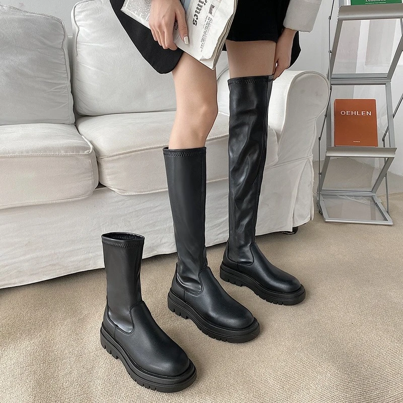 Botas altas con plataforma para mujer, Botines de cuero PU, estilo moderno, a la moda, color negro, para otoño| | - AliExpress