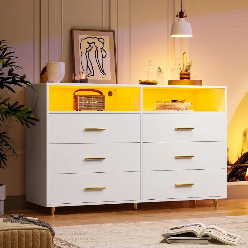 Dresser for Bedroom, White Dresser with LED, Chests of Drawers, 6 Drawers & 2 Shelves for Bedroom