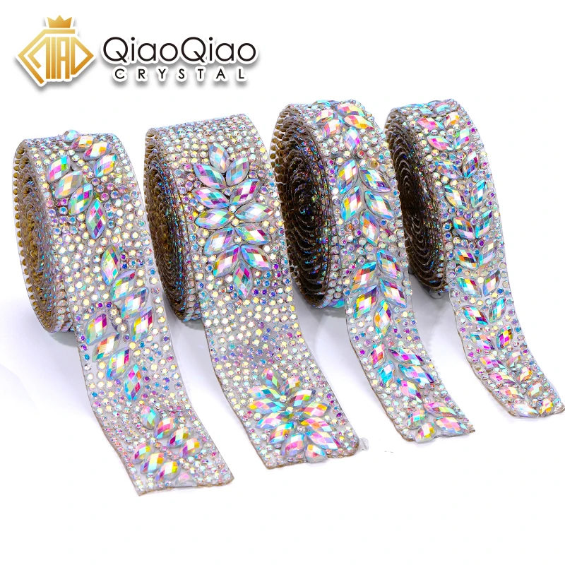 1 Yard Crystal AB Motiv Strass Hot Fix Strass Nähen Trim Tape Applikator Band mit Strasssteinen Eisen auf Applikationen für Dres
