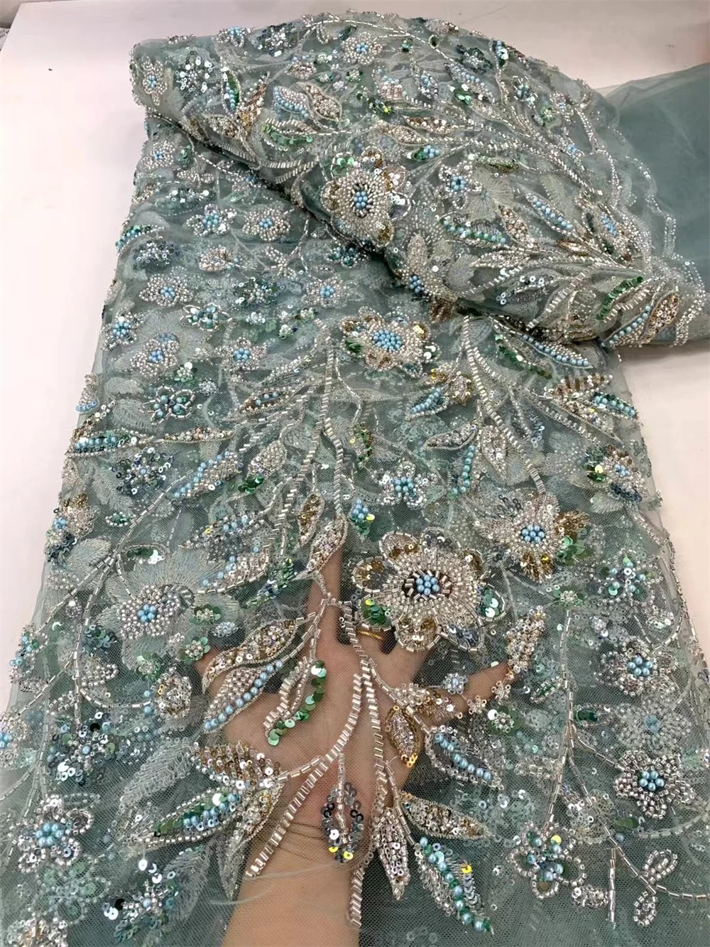 Luxury fabric High Quality French beads Sequin Lace Fabric African Groom Lace Fabric 5 Yards For Nigeria Wedding Party Dress