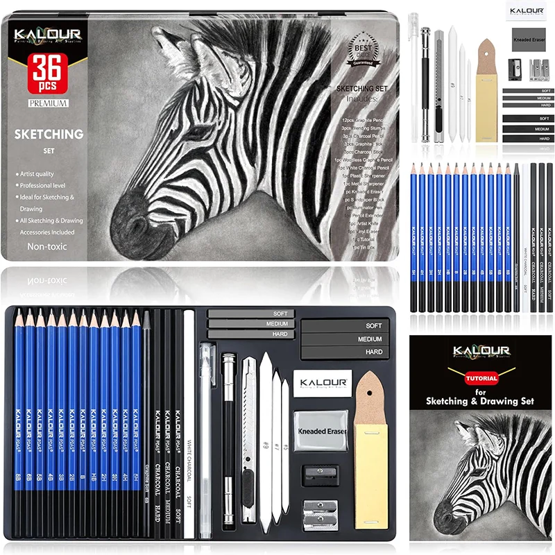 KALOUR Drawing Sketching Pencil Set 36 Pro Art Pencil Kit 12 Graphite Pencils (8B-5H) Black&White Charcoal Pencils Art Supplies 50 pcs set drawing fine art sketching pencil set charcoal art supplies for artist blending stump charcoal pencils for drawing