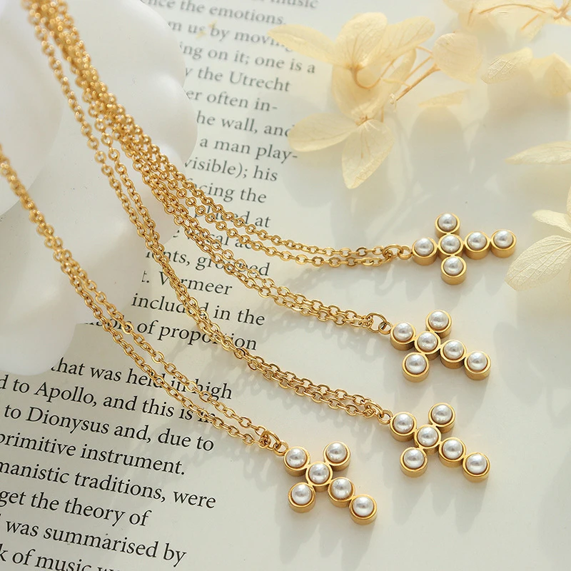 

Stainless Steel Steampunk Cross Pendant Necklaces Luxury Brand Pearl Choker Bridesmaid Gift Engagement 2022 Jewelry Dropshipping