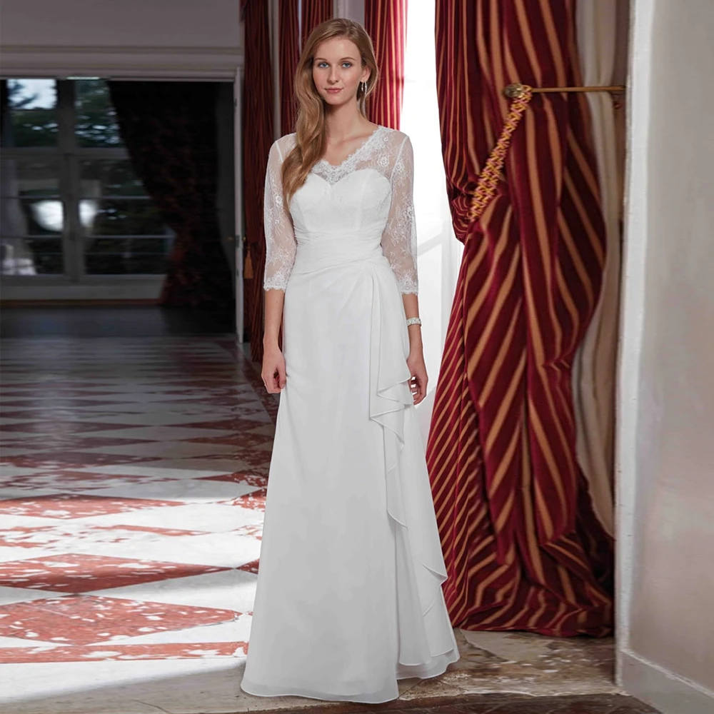 

Elegant Mother Of The Bride Dresses O Neck 3/4 Sleeves Wedding Party Dress Lace A-Line Floor Length Chiffon 2023 فساتين السهرة