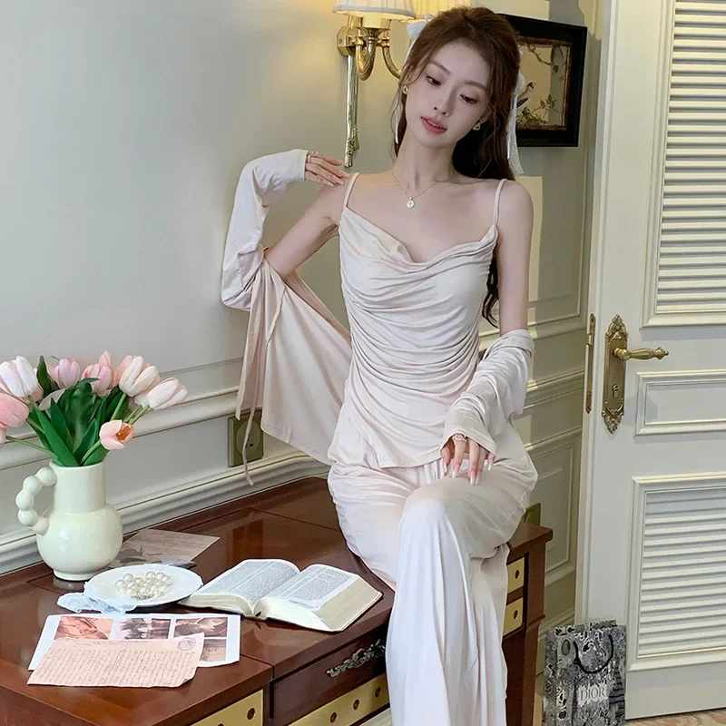 New French Style Pajamas Women Summer and Autumn Camisole Tank Top Can Be Worn Externally with A Chest Pad Three Piece Set 2024 2 piece set women pajamas patchwork lace small doll collar thin section cute princess style can be worn outside nightdress