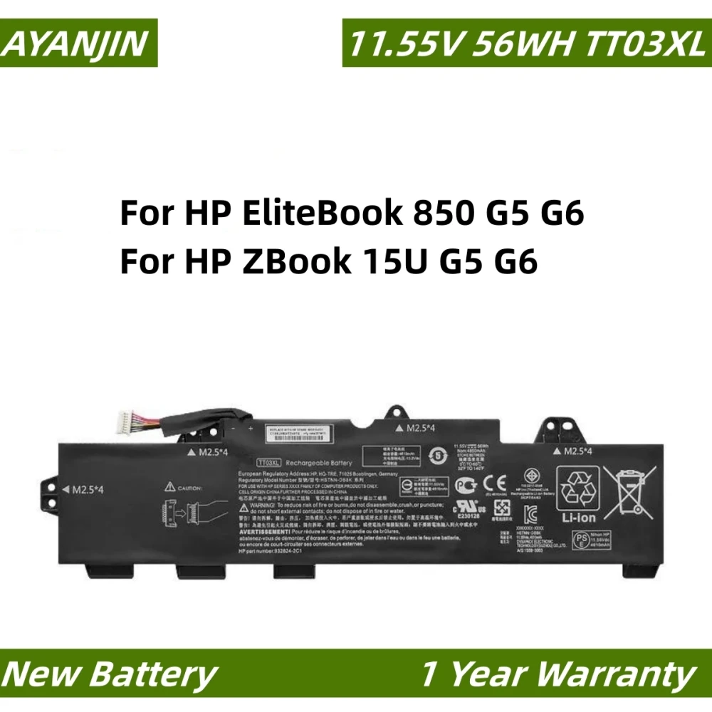 

TT03XL 11.55V 56WH Battery For HP EliteBook 850 G5 G6 For HP ZBook 15U G5 G6 HSTNN-UB7T HSTNN-LB8H DB8K 932824-2C1 933322-855